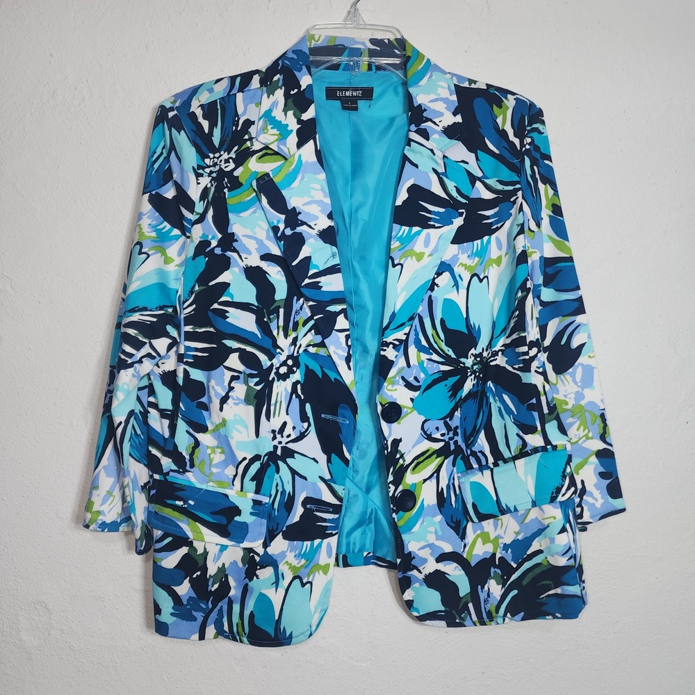Elementz Blazer Large Blue Floral Print Cotton Blend Two Button Lined